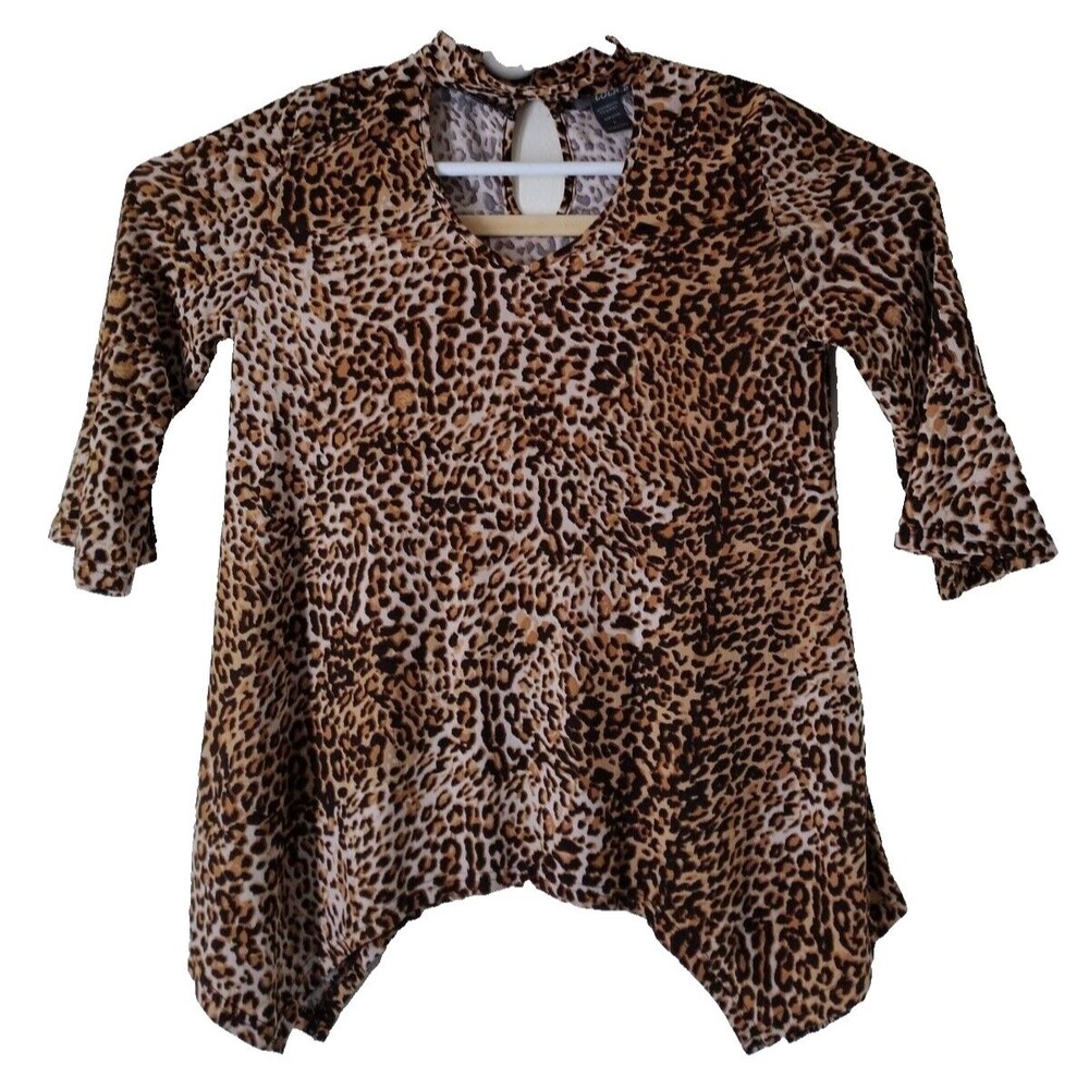 Lola B Shirt Women's L Beige/Brown Leopard 3/4 Sleeve V-Neck Keyhole Back